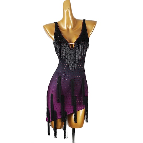 Lateinamerikanischer Tanz Kleid Quaste Kristalle / Strasssteine Pailletten Damen Leistung Party Ärmellos Chinlon Spandex Image