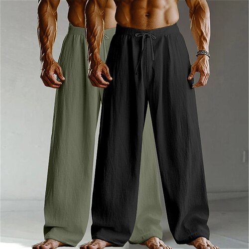 Herren Leinenhosen Hose Sommerhose Baggy-Hosen Strandhose Kordelzug Elastischer Bund Gerader Schnitt Einfach Komfort Atmungsaktiv Volle Länge Heim Täglich Ferien Urlaub Mode Weiß Khaki Khaki Image