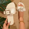 Neue Frauen Rutschen Persönlichkeit Schnalle Offene spitze Tragen-beständig Büro Weiße Flache Hausschuhe Sommer Sandstrand Sandalen Frauen Schuhe