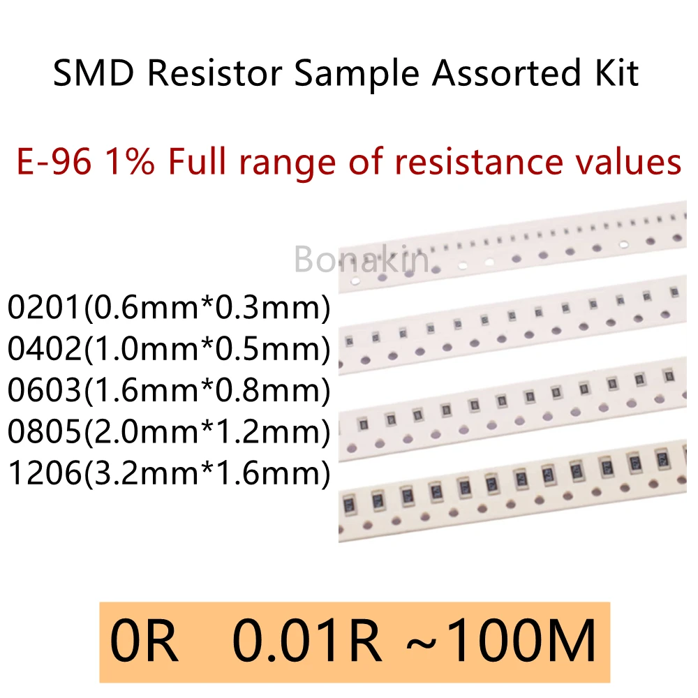 E-96 1 % Vollständige Palette von Widerstandswerten 1206 0805 0603 0402 0201 SMD-Widerstands-Proben-Sortimentskit 0 Ω 100R 1K 4,7K 5,1K 10K 100K Image