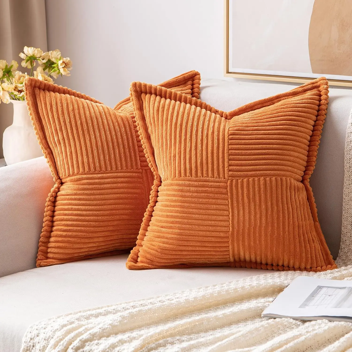 Herbst-Couch-Kissenbezug, 45,7 x 45,7 cm, weicher orangefarbener Cord-Kissenbezug für Sofa, Wohnzimmer, Kissenbezüge, Herbst- und Winterdekoration Image