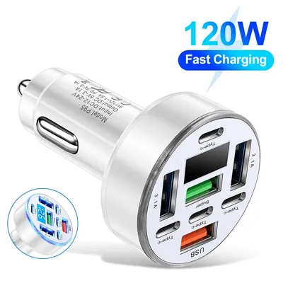 120W Car Phone Charger 8Ports LED Digital Display 4USB+4Type C Fast Charging Phone Charger For iPhone Samsung Xiaomi