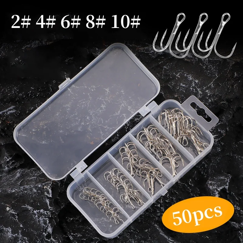 50 Teile/schachtel Drillinge Angelhaken Angelhaken High Carbon Stahl Drillinge Umgestürzte Haken Angelgerät Runde Biege Drillinge Image
