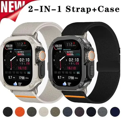 2 In 1 Case+Strap for Apple Watch Ultra Band 49mm 10 9 8 7 45 46mm Armor Protective Case Nylon Bracelet for IWatch Series6SE543