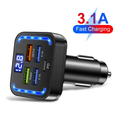 3,1 A 5 in 1 USB C Autotelefon-Ladegerät Typ C Adapter im Auto für iPhone Samsung Huawei Xiaomi 5 Ports Autoladegerät Schnellladung
