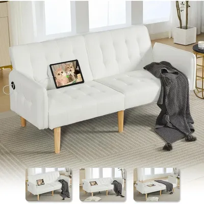 Modern Faux Leather Upholstered Convertible USB Folding Futon Sofa Bed, 65" Couch, Love Seats Furniture for Small Space Configu