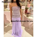 Robe de soirée de luxe en mousseline de soie, cristal lilas, sans bretelles, ligne A, longueur au sol, robe de bal arabe saoudienne, robes de soirée formelles personnalisées