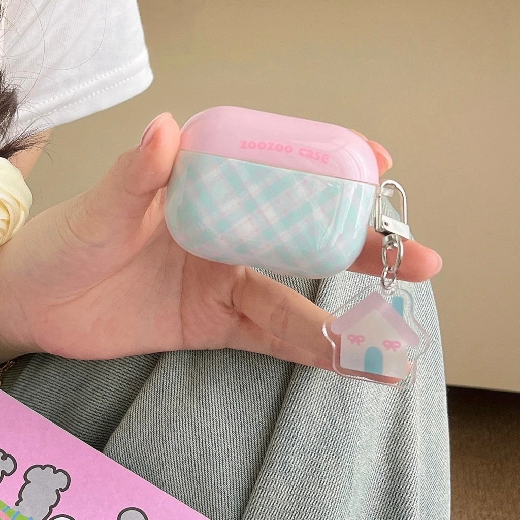 Ins rosa grün kariertes Haus-Anhänger, stoßfeste Schutzhülle für AirPods 1 oder 2 3 4 AirPods Pro 2 Pro 3 Image