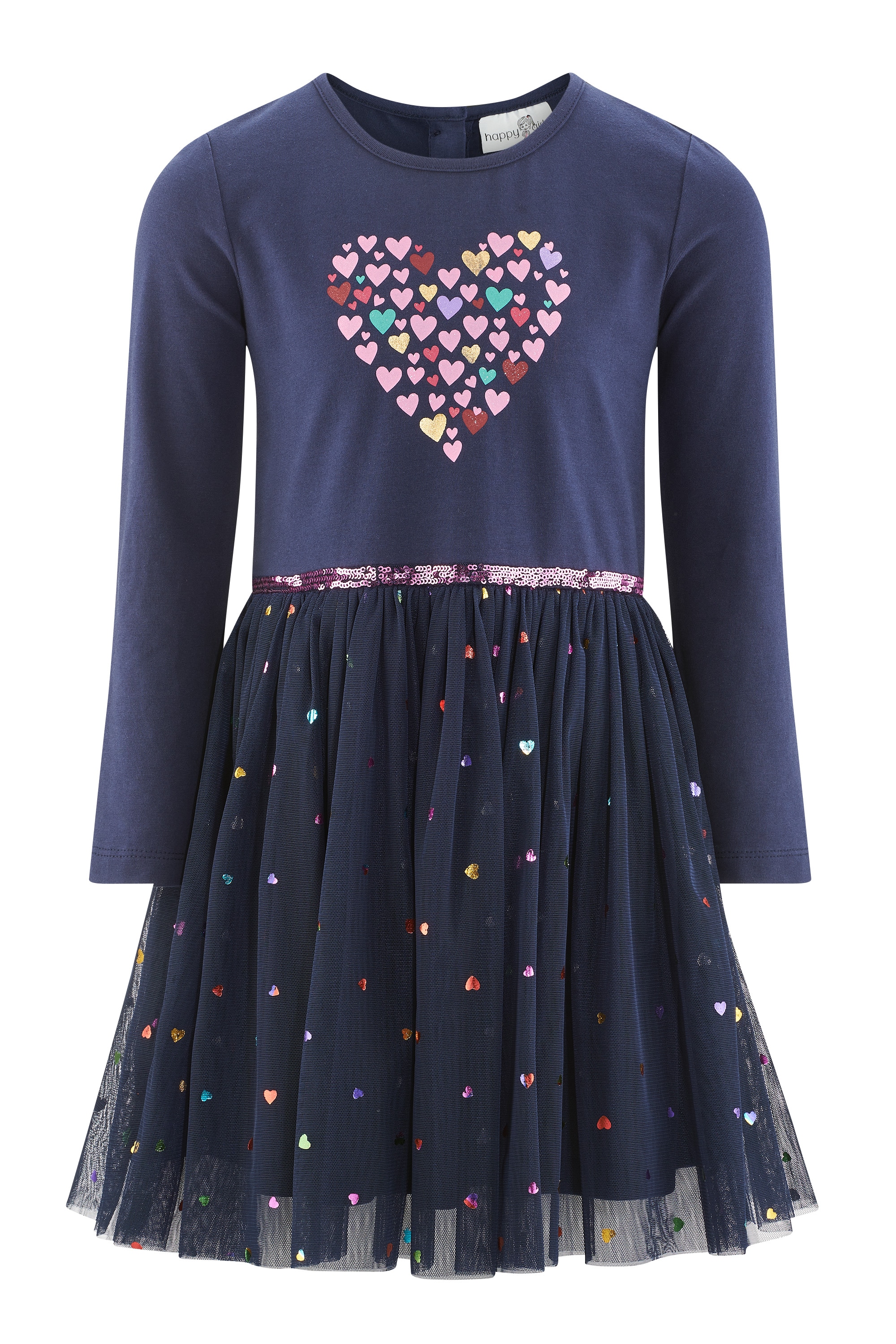 Jerseykleid HAPPY GIRLS, Mädchen, Gr. 104, N-Gr, blau (navy), Jersey, Obermaterial: 95% Baumwolle, 5% Elasthan. Obermaterial 2: 100% Polyester. Futter: 100% Polyester, bedruckt, regular fit knielang, Rundhals, Kleider Image