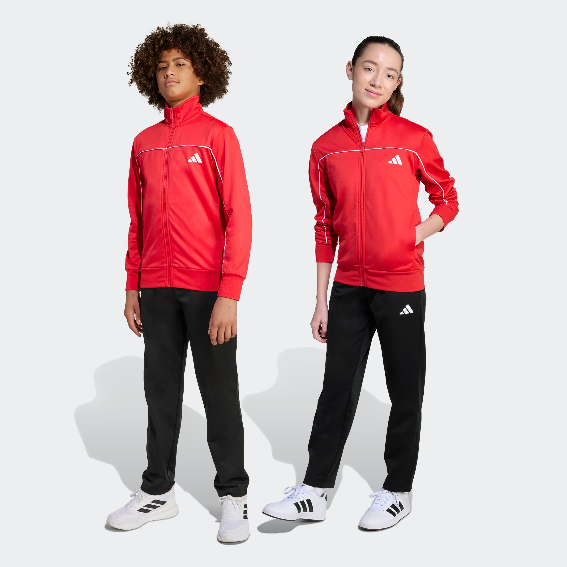 Trainingsanzug ADIDAS SPORTSWEAR "J CP TR TS", Kinder, Gr. 140, rot (pure ruby, weiß), Obermaterial: 100% Polyester, Sportlich, Sportanzüge Image