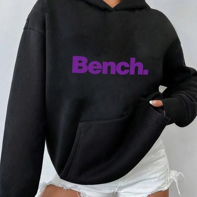 "TEMU Women's Casual "bench" Print Hoodie With Kangaroo Pocket - Soft, Breathable, Pullover Sweatshirt In Gray, Drawstring Hood, Machine Washable, Casual Sportswear | Hooded Pullover | , Sweater" Image