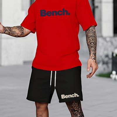 TEMU Men's Casual Round Neck Short Sleeve T-shirt - , Yellow With Bench Print, Thin And Breathable Fabric, Suitable For Image