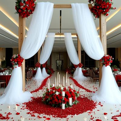 TEMU 32.9ft Elegant White/black Sheer Tulle Fabric Backdrop With Floral Arrangements - Weddings, Bridal Showers, Day, Valentine's Day, And Birthday Party Decorations, Floral Wedding Decorations Image