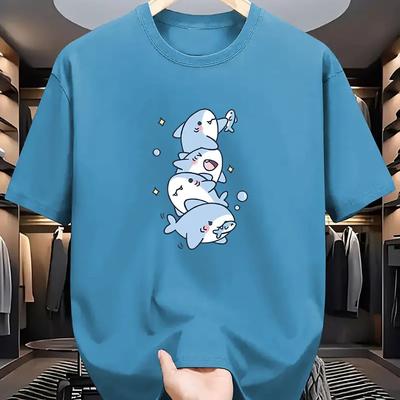 TEMU Men's Cartoon Shark Graphic T-shirt - Design, White Crew Neck, Breathable Short Sleeve For Casual Summer Wear, Everyday Clothing | Durable Print Shirt Image