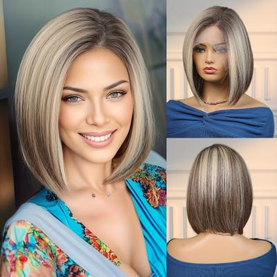 TEMU Haircube Elegant Straight Bob Lace Front Wig 13*5*1 For Women, High-temperature Fiber, Versatile Style For , Festivals, Parties, Weddings, Cosplay - Natural Look & Fit Image