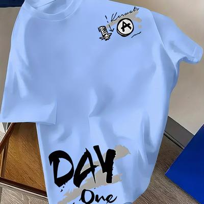 "TEMU Men's Heavyweight 100% Polyester T-shirt With "day One" Print - Casual Streetwear, Loose Fit, Machine Washable, Comfortable For All , Breathable Clothing| Graphic Tee|smooth Texture" Image