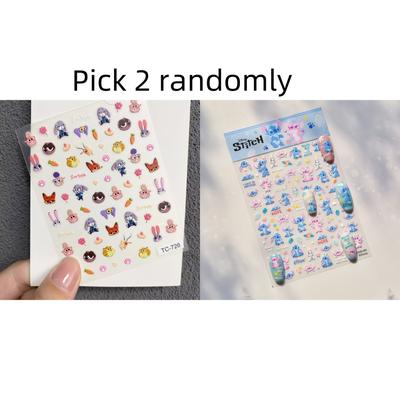 TEMU 2pcs Stitch Nail Art Stickers - Self-adhesive, Shimmer Finish, Cute Cartoon Designs For Diy Manicure & Pedicure, Manicure Accessories| Nail Art|singleuse Decals, Nails Image