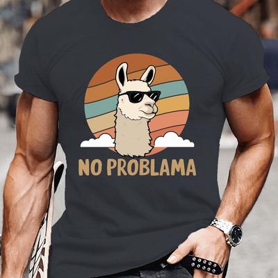 "TEMU Men's Polyester Casual Crew Neck T-shirt With Llama Illustration & "no Problama" Print, Short Sleeve, Stretch, Regular Fit, Knit Fabric, Summer Tee" Image