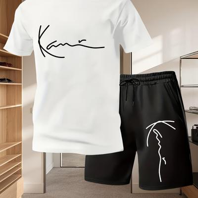 TEMU Summer Men's Casual Sport Short Sleeve T-shirt And Shorts Set, Comfortable And Breathable, Suitable For Outdoor Jogging And Fitness. Kani Letter Print Design - 2pcs Set Image