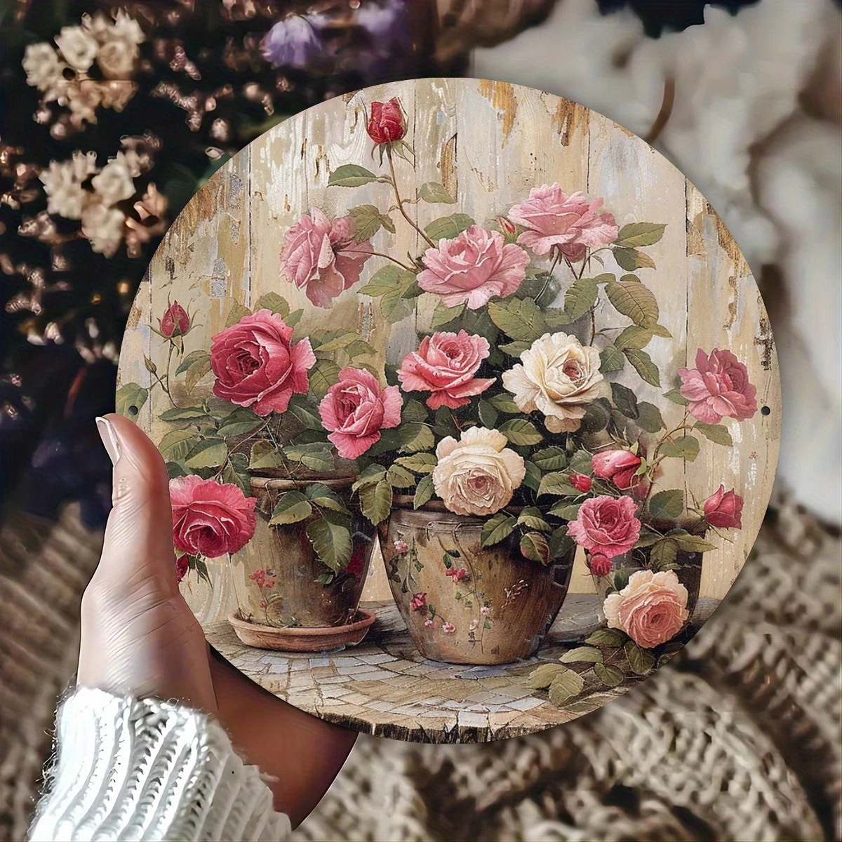 1 Stück 2D-Holzschild zum Aufhängen, Topfrosen-Thema, 20,3 cm, rundes Schild, für Zuhause, Bar, Garage, Café, Gartendekoration Image