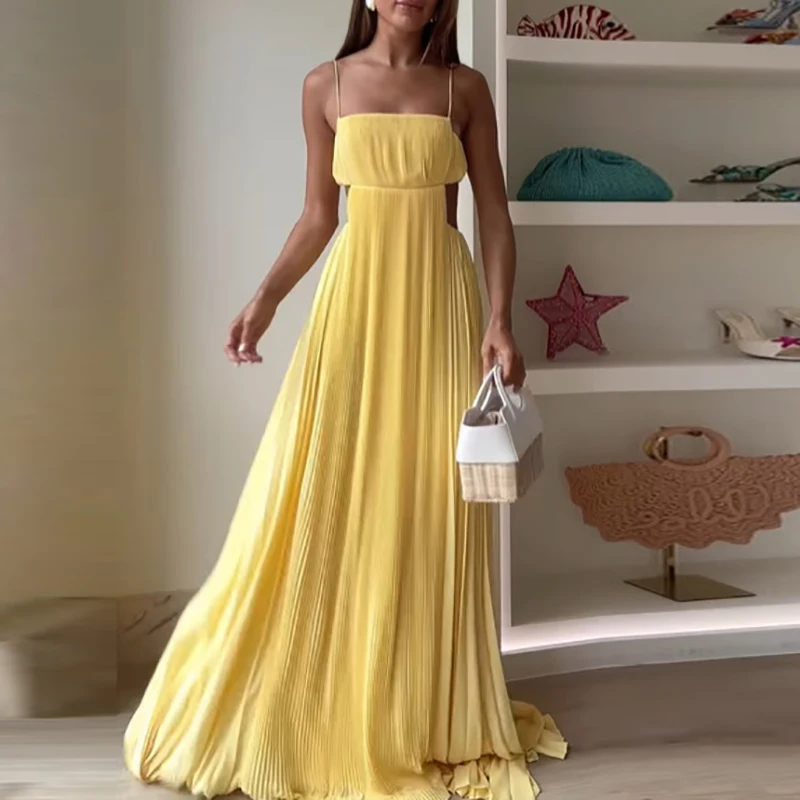 Abito altalena solido senza schienale da donna sexy Abito lungo elegante senza maniche cavo Abito da sera pieghettato a vita alta con spalle scoperte