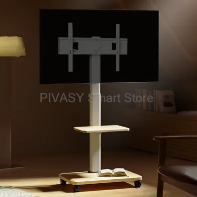 Modern Wooden TV Stand Rolling Cart with Tray for 55 65 75 Inch Screens Mobile Floor Mount 360 Wheels Space Saving Living Room