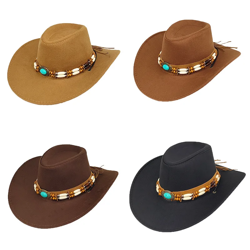 Western-Cowboy-Zylinder im Ethno-Stil, türkisfarben, Reiten, Jazz-Kappe, gewellter Filz, literarische Retro-Sonnenhüte mit großer Krempe Image