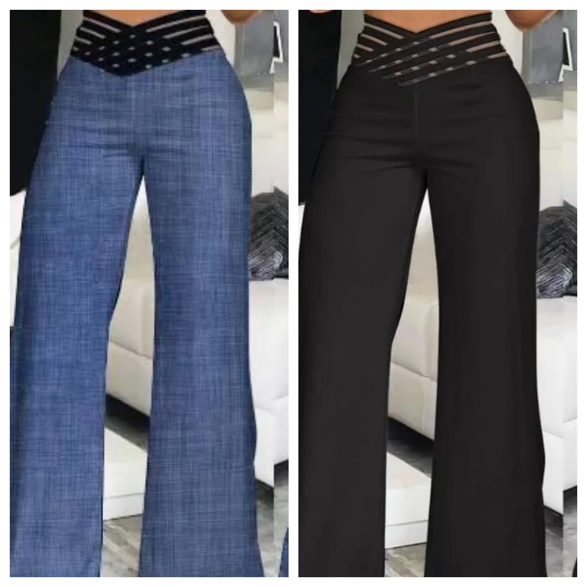 Frauen weites Bein ausgestellt Hosen Herbst lässig kreuz und quer schiere Mesh Patch hohe Taille Hose y2k Streetwear elegante Arbeits hose Image