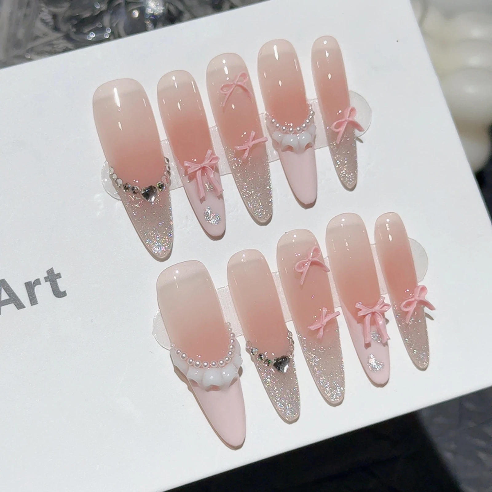 Handgemachte französische rosa Press on Nails Sweet Cat Eye Fake Nails Long Stiletto Ballet Y2K Korean 3D Bow Pearl Blush Art False Nail