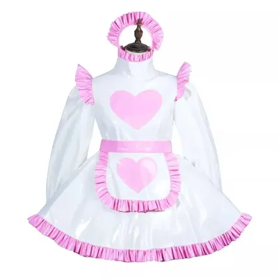 Sissy White French Maid PVC abschließbares Kleid Spitzenschürze Cosplay Halloween Kostüm Party individuell Image