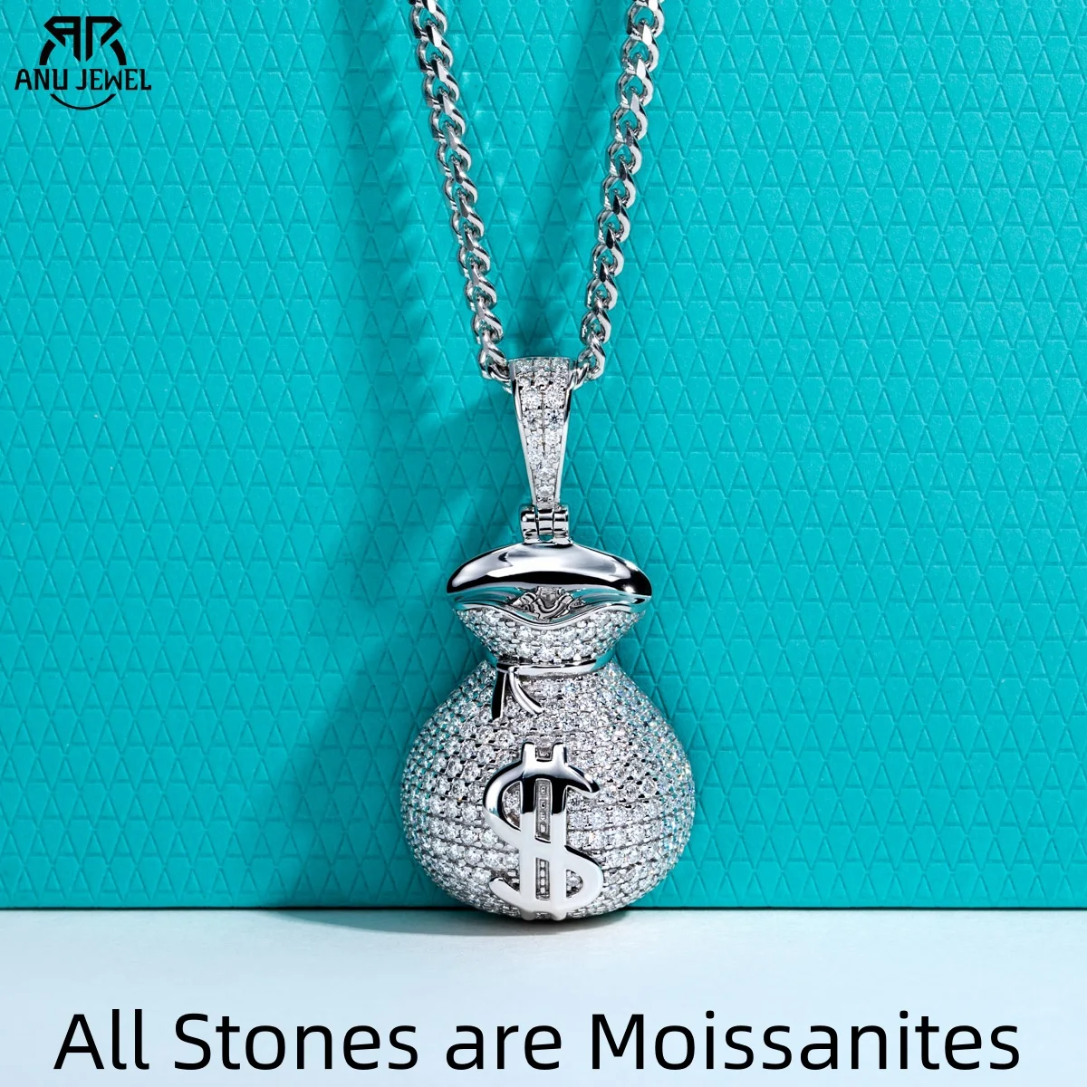 AnuJewel Moissanit Geldbörse Anhänger Halskette Hip Hop Icy Design 60 cm Kette 925 Sterling Silber Heavy Metal Dope Schmuck für Männer