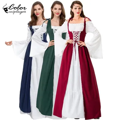 Farbe Cosplayer Mittelalter Kleid Langarm Frauen Kleid Karneval Kleid Maskerade Ball Cosplay Kostüm Vintage Party Kleidung Image