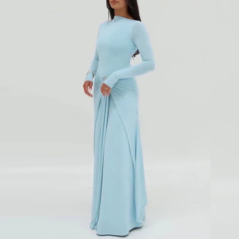 Elegantes Temperament Abendkleid Blau O Hals Langarm Plissee Damen Kleider Frühling Sommer Hohe Taille Slim Fit Robe Kleid