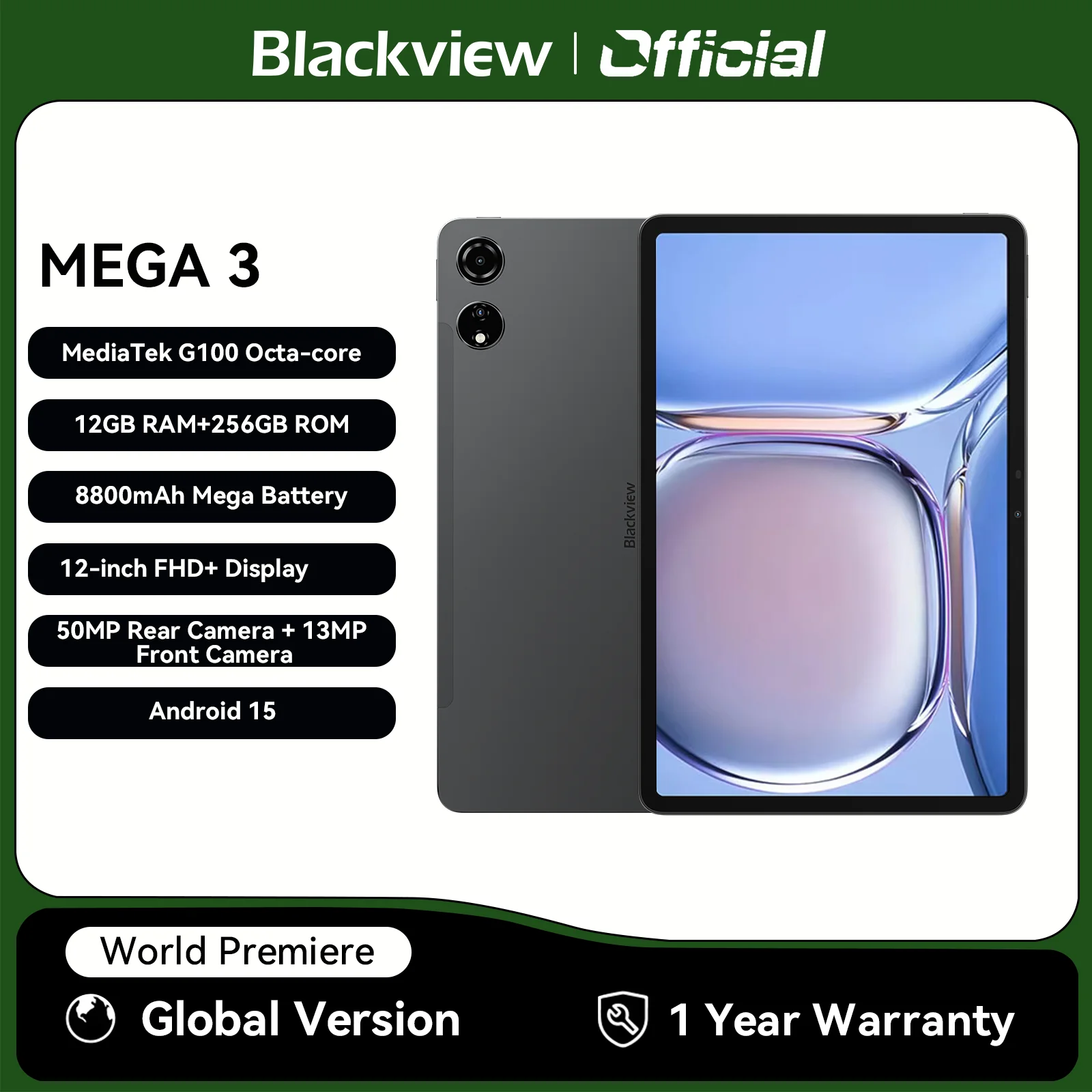 Blackview MEGA 3 Tablet PC 12,1" 2,5K FHD+ Display MTK G100 Octa Core 12GB 256GB 8800mAh 50MP Kamera 33W Ladegerät Android 15 Pad Image