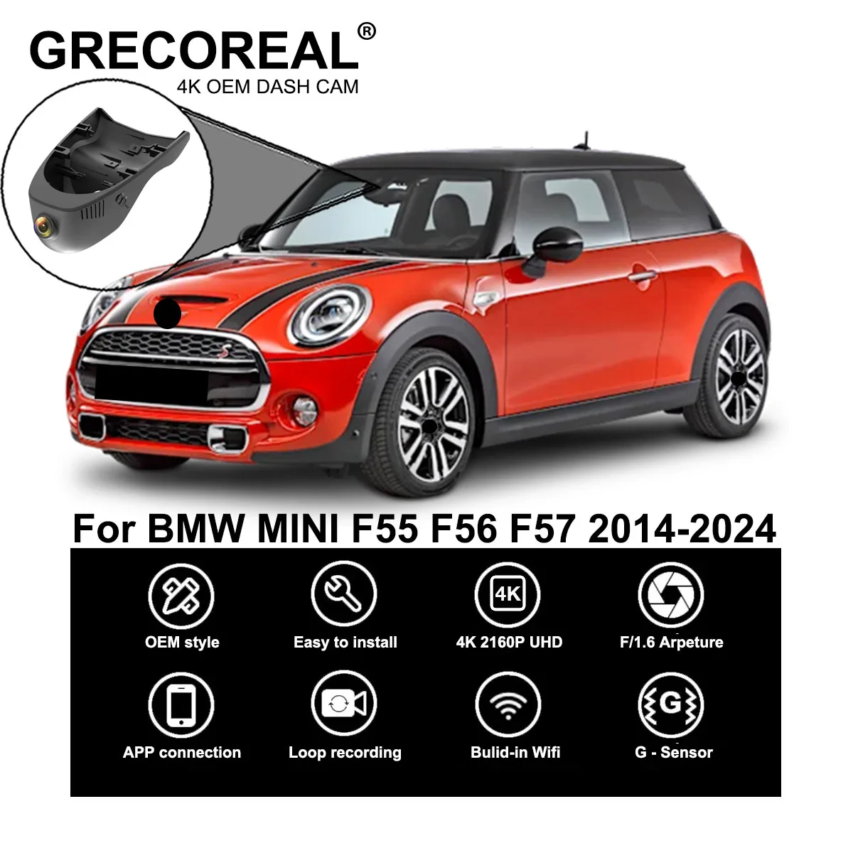 GRECOREAL 4K Dash Cam Vorne Hinten WiFi Auto Dual Dashcam Plug Play Kompatibel mit BMW MINI Cooper S Schrägheck JCW F55 F56 F57 Image