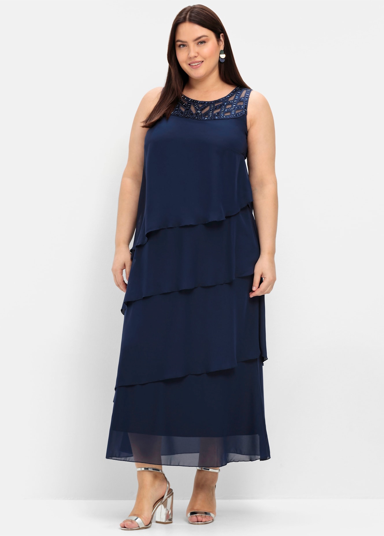 Abendkleid SHEEGO "Abendkleid", Damen, Gr. 54, Normalgrößen, blau (marine), 100% Polyester, unifarben, lang, Rundhals, Kleider Image