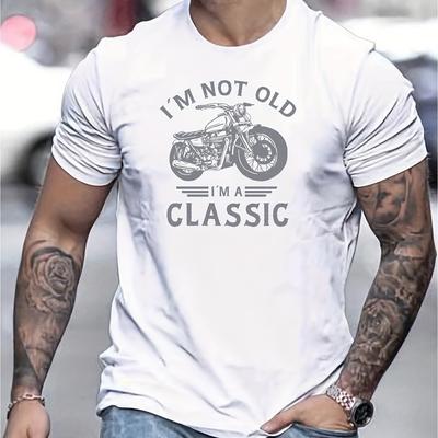 "TEMU Motorcycle Graphic Cotton T-shirt- " Old I'm " Print, Round Neck, Short Sleeve, Casual Summer Tee, 100% Cotton, Relaxed Fit, Vibrant Yellow With Grey Graphic" Image