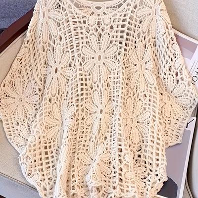 TEMU Plus Size - Elegant Off-shoulder Crochet Top With Floral Lattice Design - Fabric, Pullover For Women, Stylish White Top|floral Lattice Top|stretchy Top Image