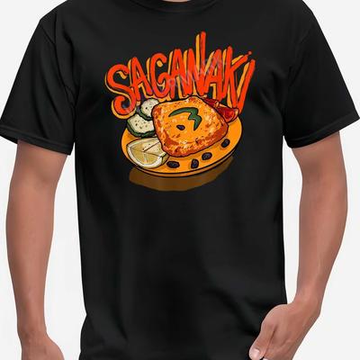 TEMU Men's Saganaki Greek Cuisine Food Lovers Graphic T-shirt - Black Casual Short Sleeve Tee With Vibrant Saganaki Dish Art, Machine Washable, Fit For Adult Men, Image