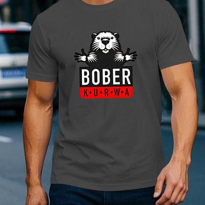 TEMU Cute Beaver Men's Graphic Short Sleeve T-shirt - White Casual Summer Tee With Beaver & Kurowa Print, Lightweight Breathable Fabric, Regular Fit, Machine Washable Image