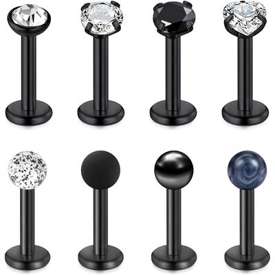 TEMU 8pcs Simple Lip Studs Flat Labret Studs, Black Helix Tragus Cartilage Earrings, Stainless Steel Helix Studs Tragus Studs Lip Piercing Jewelry For Women 8mm, Gift For Day