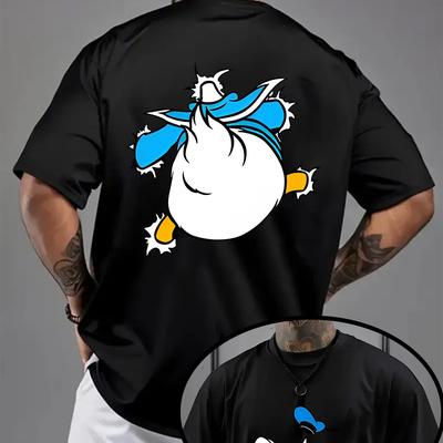 TEMU Officially Licensed Men's Duck Dual-sided Cartoon Graphic T-shirt - Breathable Summer Tee With Regular Fit, Round Neck & Machine Washable - Casual Black Top For Adults, T Shirt, Comfortable Image