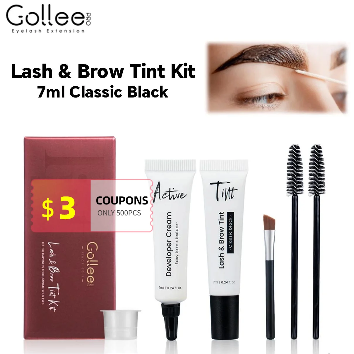 Gollee Augenbrauen-Tönungsset, 6 ml, natürliches klassisches schwarzes Wimpern-Brauen-Tönungsset, semi-permanentes, dauerhaftes Augenbrauen-Wimpern-Tönungs-Set, wasserfestes Set Image