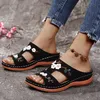 Women Slippers Embroider Flowers Sandals Designer PU Leather Slippers Soft Sole Beach Casual Shoes Retro Peep Toe Women Shoes