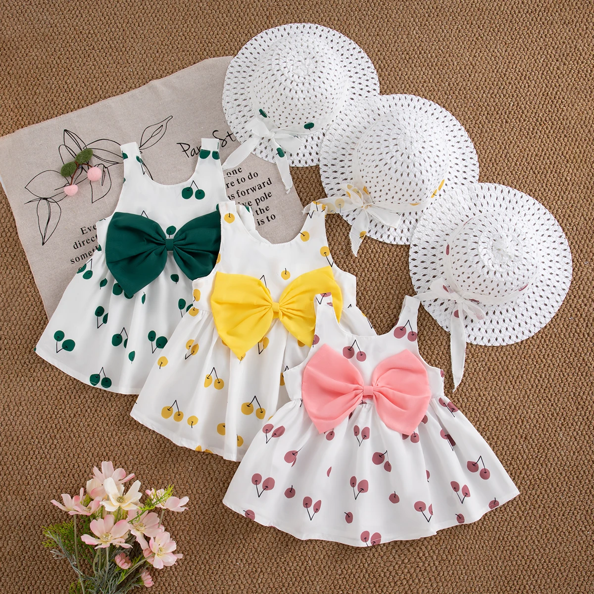 Baby Mädchen Kleider Sommer Voll Gedruckt Kirsche Halter Mädchen Kleider Nette Bowknot Mädchen Strand Kleider Baby Mädchen Kleidung Image