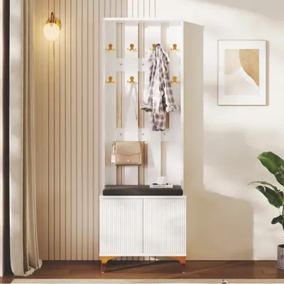 Wardrobe cover with shoe stool and cushions, front of wardrobe with hooks Coat Rack Freestanding Entryway Bench with Shoe Storag