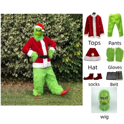 Weihnachtsmann-Kostüm-Set, Weihnachtsfeier, Abschlussball, Erwachsene, Rollenspiel, grünes Monster, zottelig, Halloween, Cosplay, Anzug, Handschuhe, Maske Image
