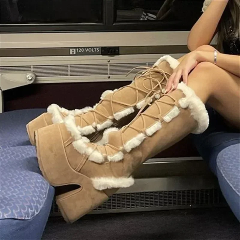 Neue Winter Frauen Schnee Stiefel Plattform Keil Hohe Ferse Faux Pelz Dame Schuhe Weibliche Plüsch Warme Non-slip Mittlere waden Stiefel Goth Schuhe