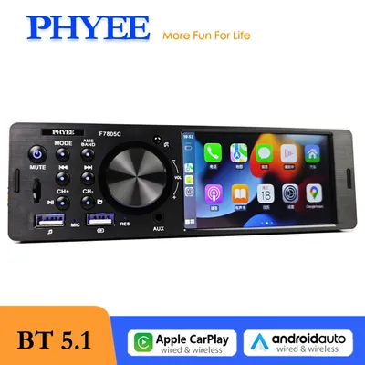 PHYEE 1 Din Bluetooth Car Radio with Wireless CarPlay, Android-Auto, Hands-Free, USB/TF/AUX, Retro Audio System Head Unit F7805C