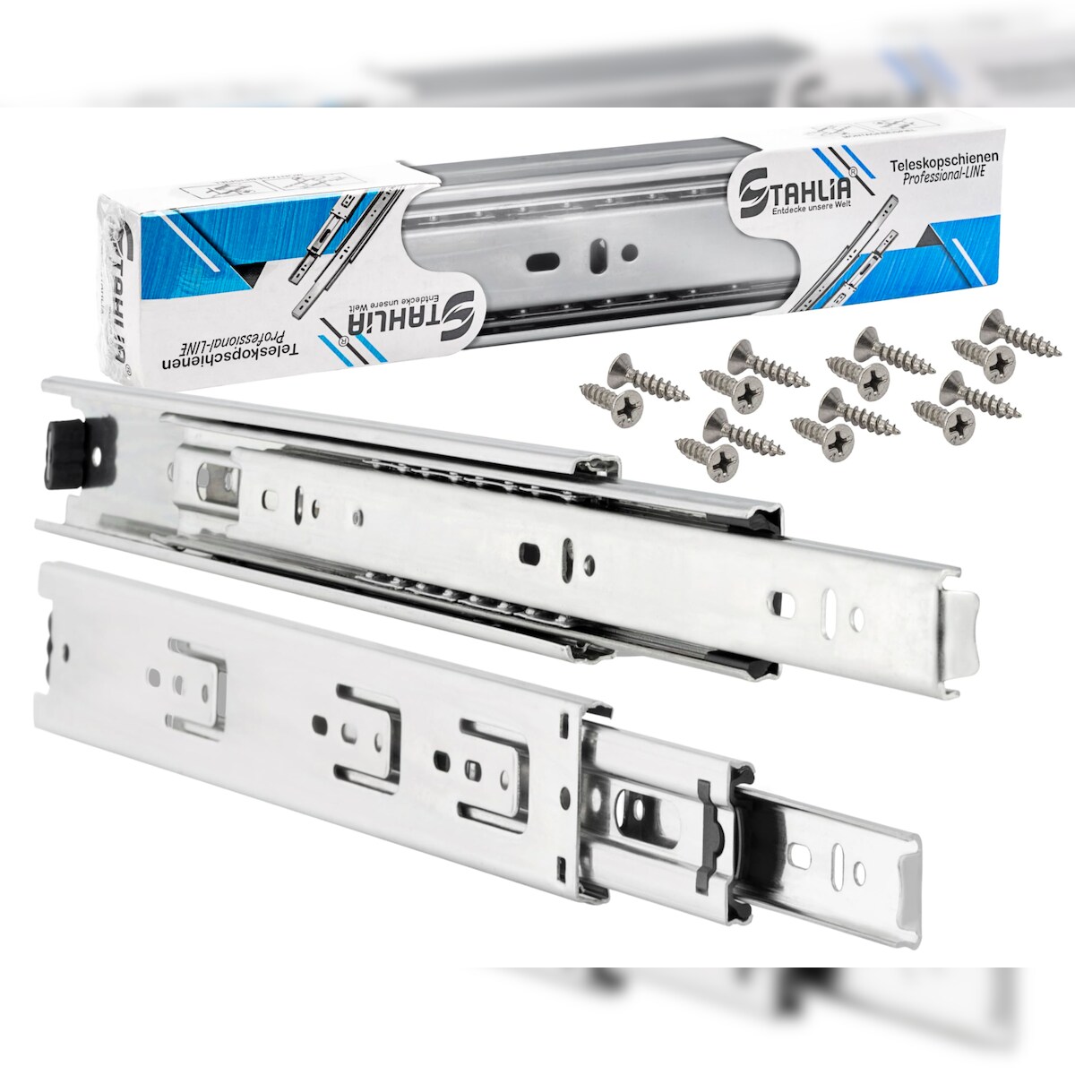 ID Dinkel Schubladenschienen 4 STÜCK VOLLAUSZUG Rollenauszug Teleskopschiene Schubladenauszug H 45 L 400 mm Image